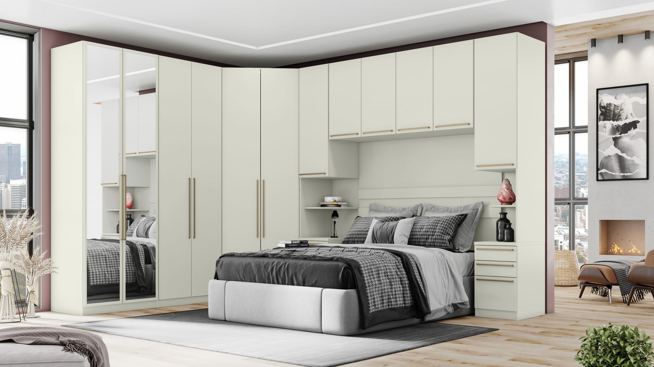 Quarto modulado com guarda-roupa em L, cabeceira e armários aéreos, ilustrando móveis funcionais