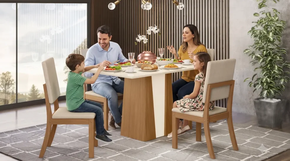 Sala de jantar com pais e filhos almoçando no Dia dos Pais, ilustrando um ambiente familiar