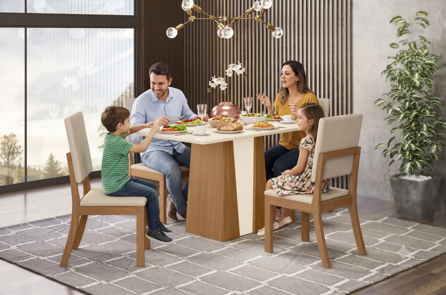 Sala de jantar com pais e filhos almoçando no Dia dos Pais, ilustrando um ambiente familiar