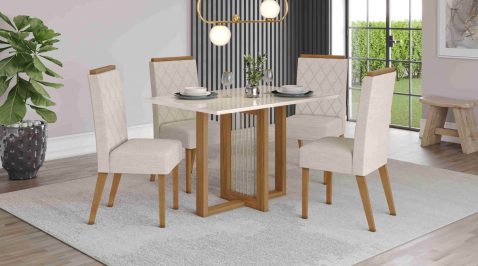 Sala de jantar moderna composta por mesa de tampo off white com pés de madeira e cadeiras estofadas