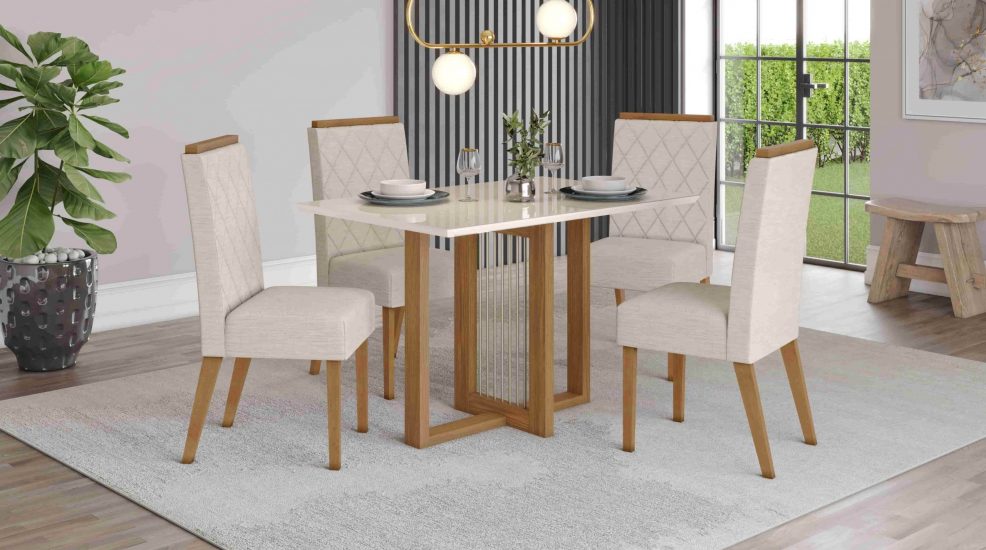 Sala de jantar moderna composta por mesa de tampo off white com pés de madeira e cadeiras estofadas