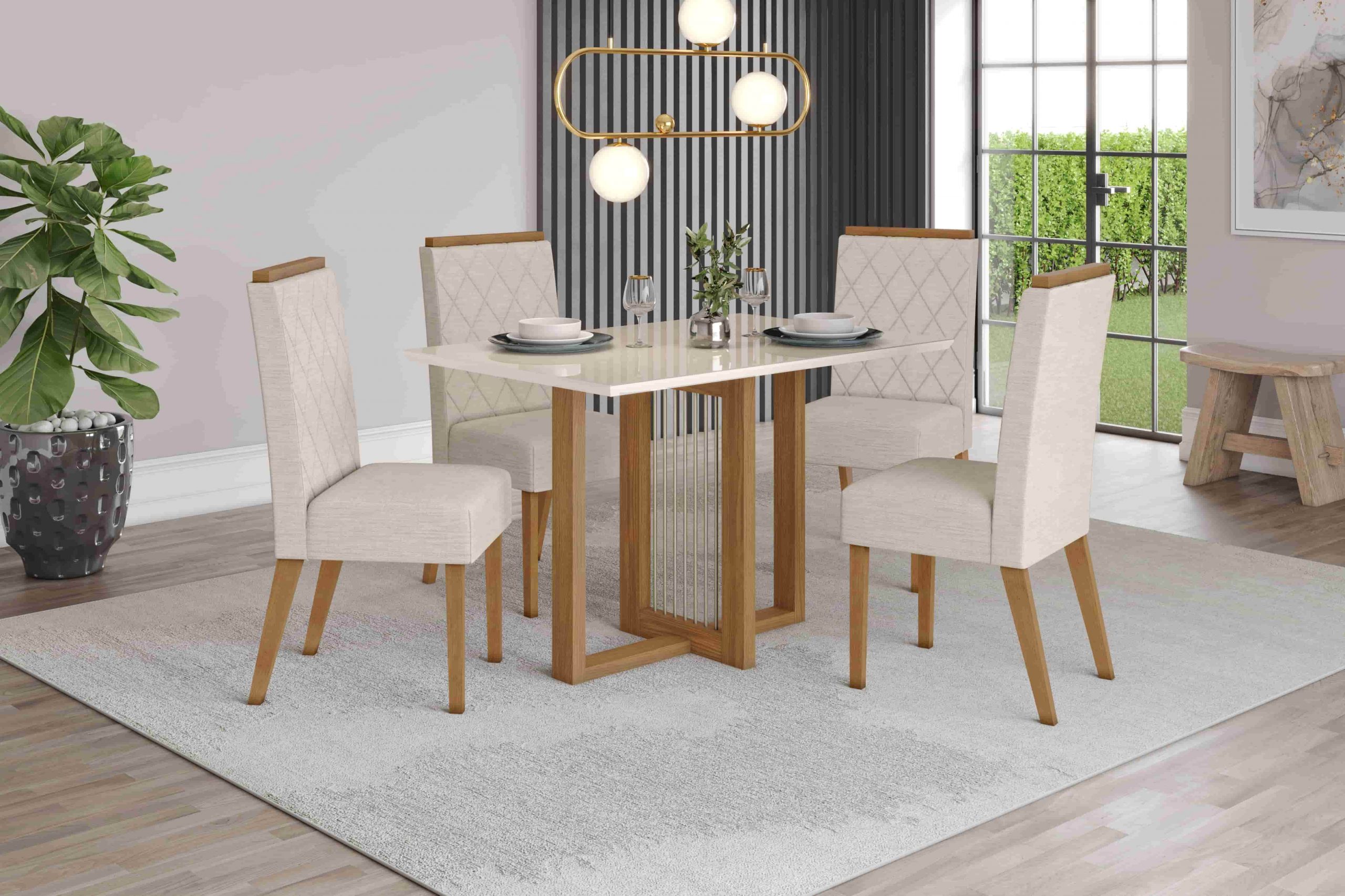 Sala de jantar moderna composta por mesa de tampo off white com pés de madeira e cadeiras estofadas