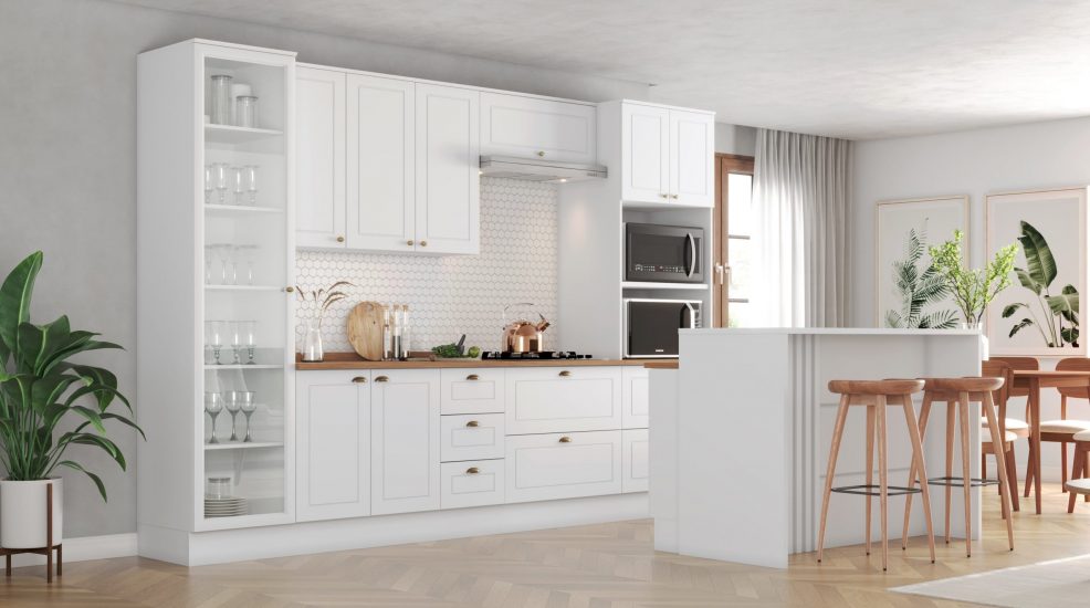 Cozinha americana modulada com bancada península, um dos tipos de cozinha americana