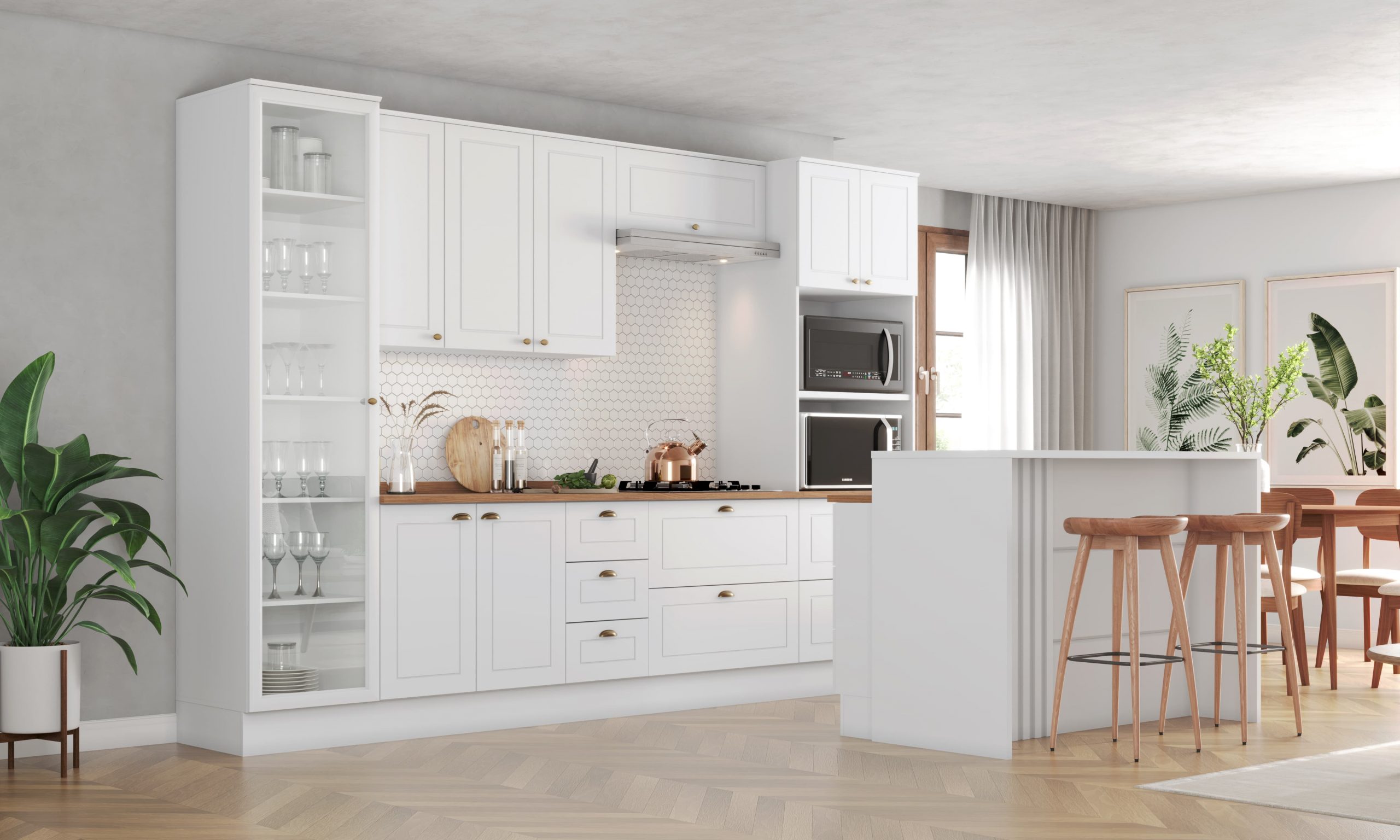 Cozinha americana modulada com bancada península, um dos tipos de cozinha americana