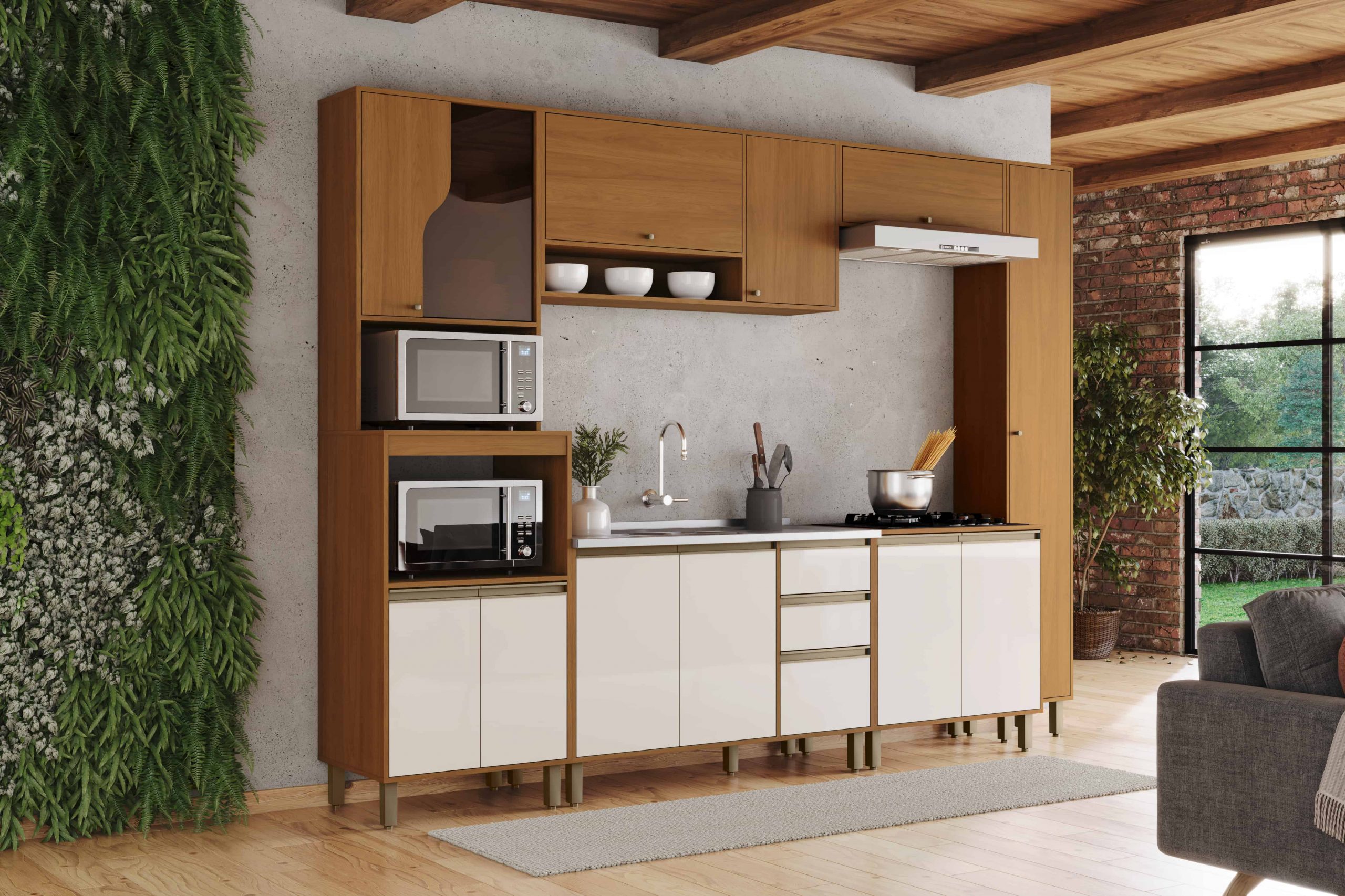 Cozinha com móveis de qualidade em madeira e branco e ambiente integrado à sala.